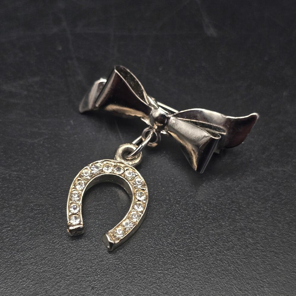 Rhinestone Horseshoe and Bow Brooch Silver Tone Vintage Costume Jewelry